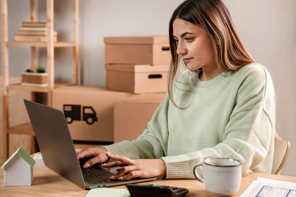 Empreendedora usando gestão de vendas online no notebook — software comercial para pequenas e médias empresas
