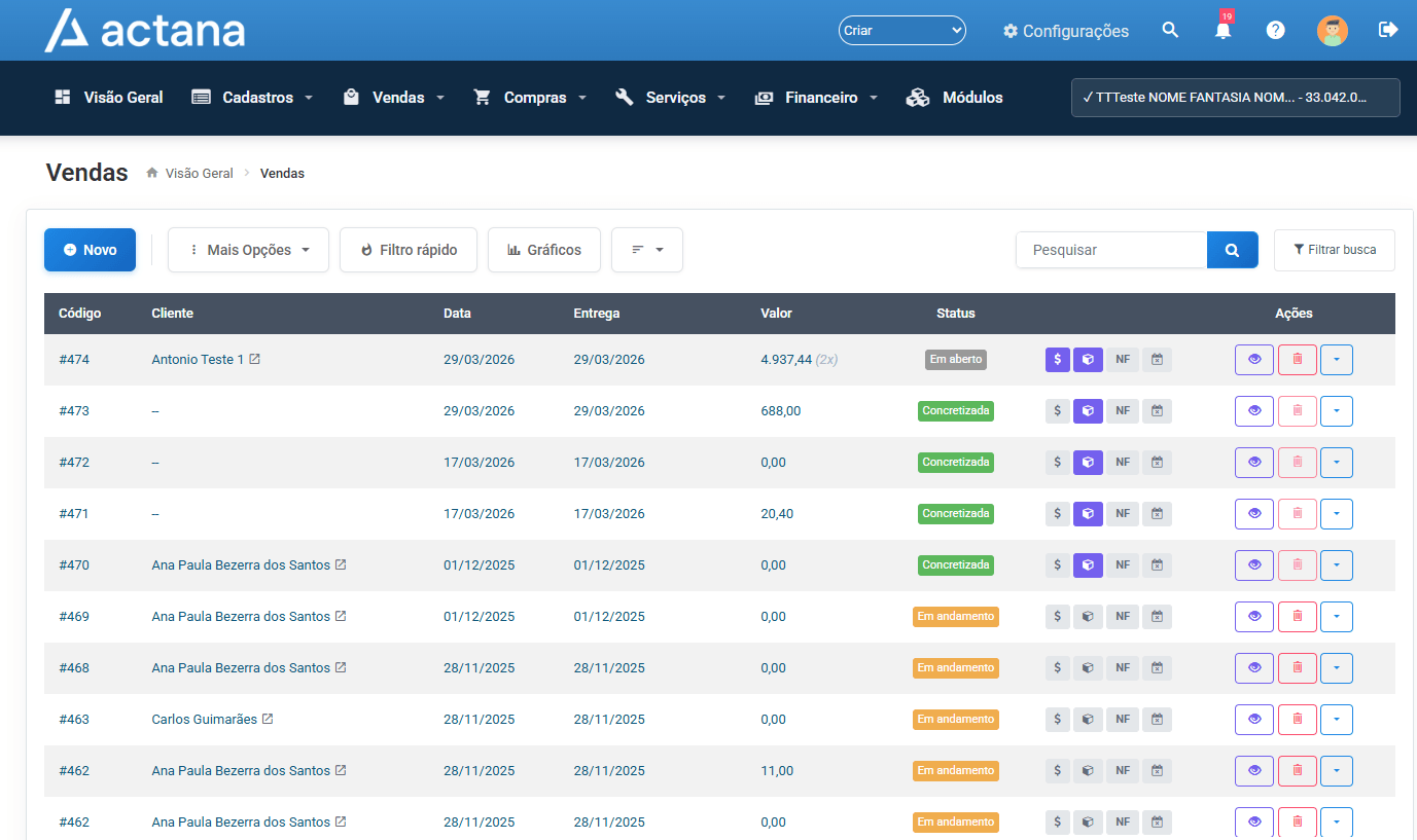 Gestão de vendas Actana — listagem de vendas com cliente, valor, status e ações integradas